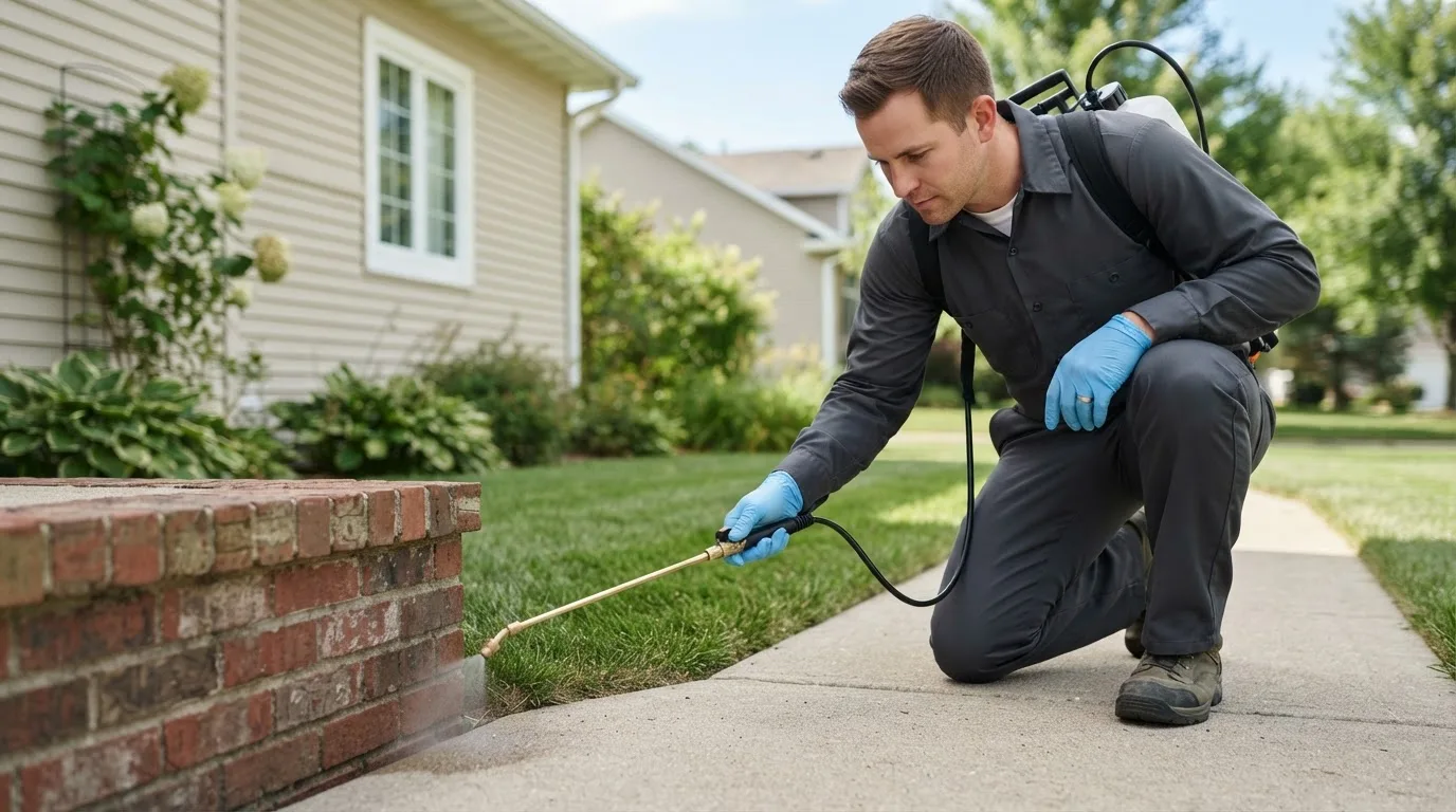 Pest control technician treating a home near Virgil, SD